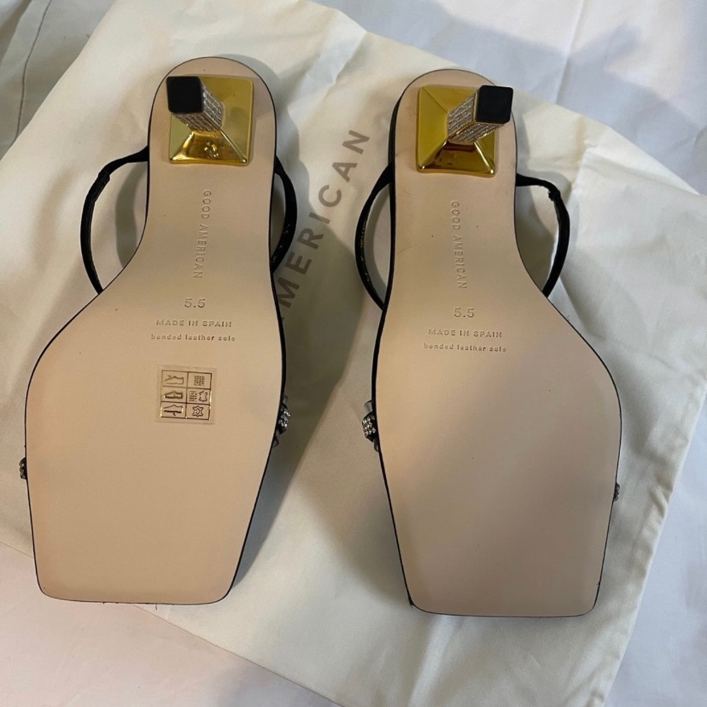 GOOD AMERICAN Open Square Toe Rhinestone Strappy Heels Black Satin Size 5.5 NIB‎ - Picture 9 of 10